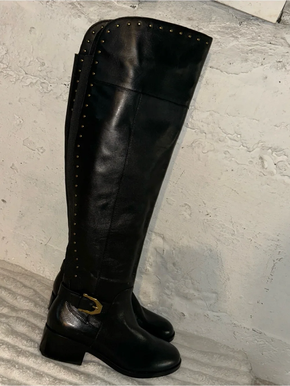 Black Studded Knee High Riding Boots Gold Buckle Equestrian Moto Biker 6.5M